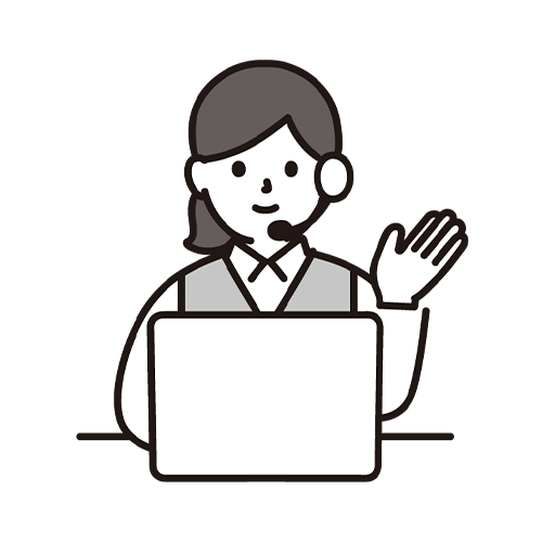 ノートパソコンの前で手を上げている人物のイラスト