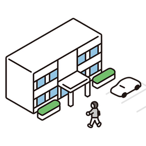 建物と人と車